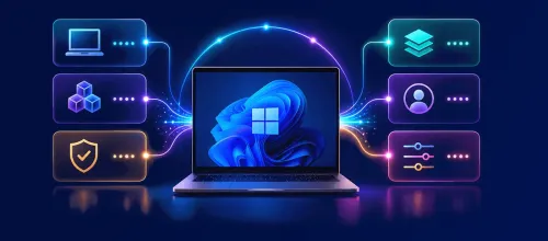 Windows laptop connected to device, app, security, user and policy management icons
